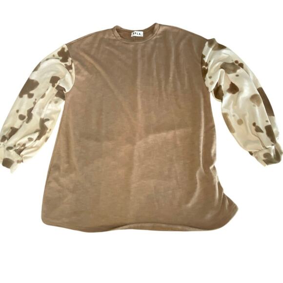 SPLA Tan Cow Print Puff Sleeve T-Shirt | Women's Casual size Large - Picture 1 of 3